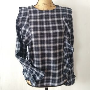 LOVE NOTES navy plaid ruffle long sleeve blouse